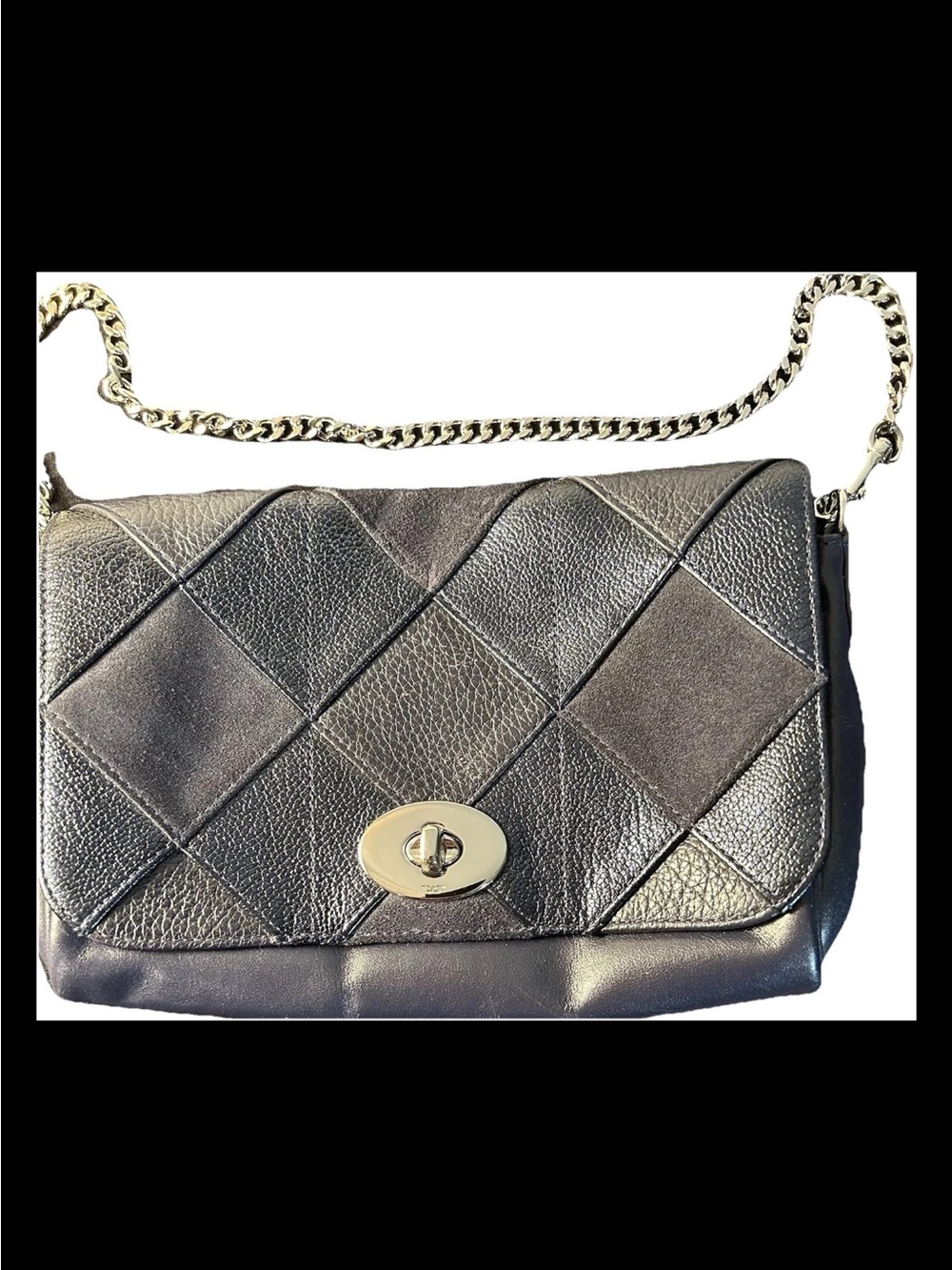Coach Shoulder Bag, Ruby Patchwork Black, Blue Suede, Metallic Leather, Silver